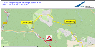 Vollsperrung zwischen der Abzweigung K 55 Stelzenberg und K 50 Trippstadt im Bereich des Unterhammers sowie der Klug´sche Mühle