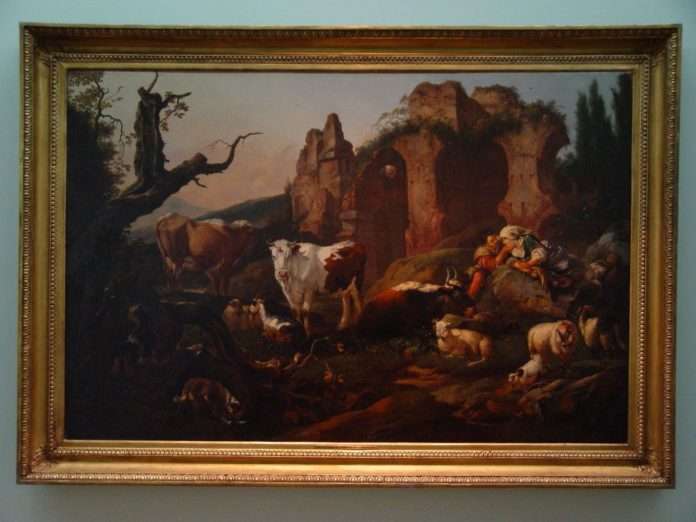 Johann-Heinrich-Roos_Italienische-Landschaft-mit-Bauern-Vieh-und-antiken-Ruinen