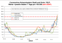 Coronavirus KL letzten 7 Tage pro 100.000 (mit USAF): Landkreis 196,4 ; Stadt 209,8 ; RLP 218,5