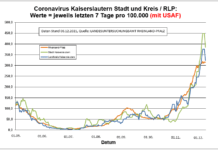 Coronavirus KL letzten 7 Tage pro 100.000 (mit USAF): Landkreis 323,3 ; Stadt 385,3 ; RLP 315,5