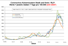 Coronavirus KL letzten 7 Tage pro 100.000 (mit USAF): Landkreis 206,1 ; Stadt 273,2 ; RLP 171,6