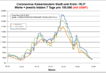 Coronavirus KL letzten 7 Tage pro 100.000 (mit USAF): Landkreis 171,3 ; Stadt 196,9 ; RLP 172,8