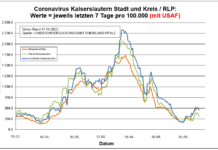 Coronavirus KL letzten 7 Tage pro 100.000 (mit USAF): Landkreis 482,5 ; Stadt 311,8 ; RLP 453,6