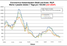 Coronavirus KL letzten 7 Tage pro 100.000 (mit USAF): Landkreis 246,5 ; Stadt 206,3 ; RLP 218,7