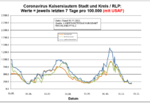 Coronavirus KL letzten 7 Tage pro 100.000 (mit USAF): Landkreis 202,8 ; Stadt 195,7 ; RLP 178,5