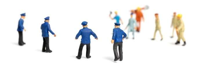 Police and an angry mob on white background